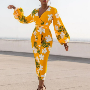 Robe Moulante Fleurie Jaune