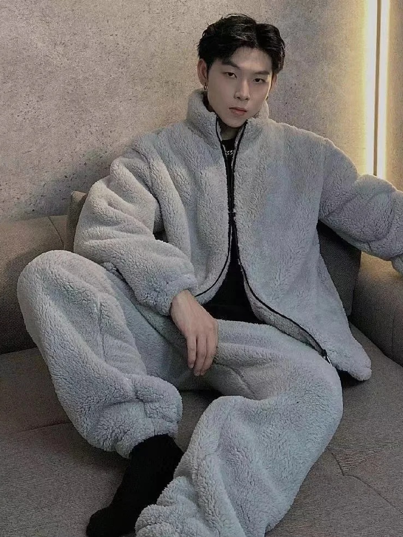 Bas de pyjama polaire gris pour homme avec veste