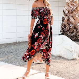 Robe Col Bateau Fleuri Rouge