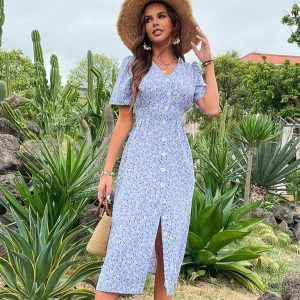 Robe Bleue Fleurie Mi-Longue