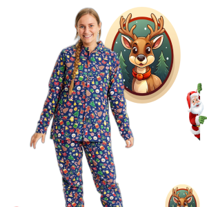 Pyjama De Noel En Flanelle Crazy Bleu Marine Femme