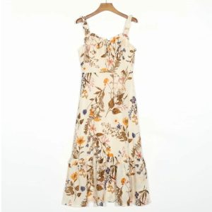 Robe à Bretelles Fleurs Mi-Longue