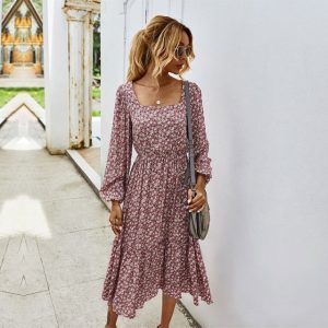 Robe Fleurie Mi-Longue Col Carré